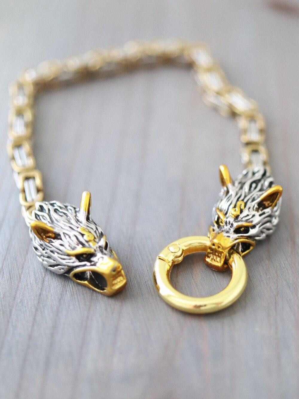 Wolf Double Head Viking Style Byzantine Chain Bracelet 2-Tone Stainless Steel